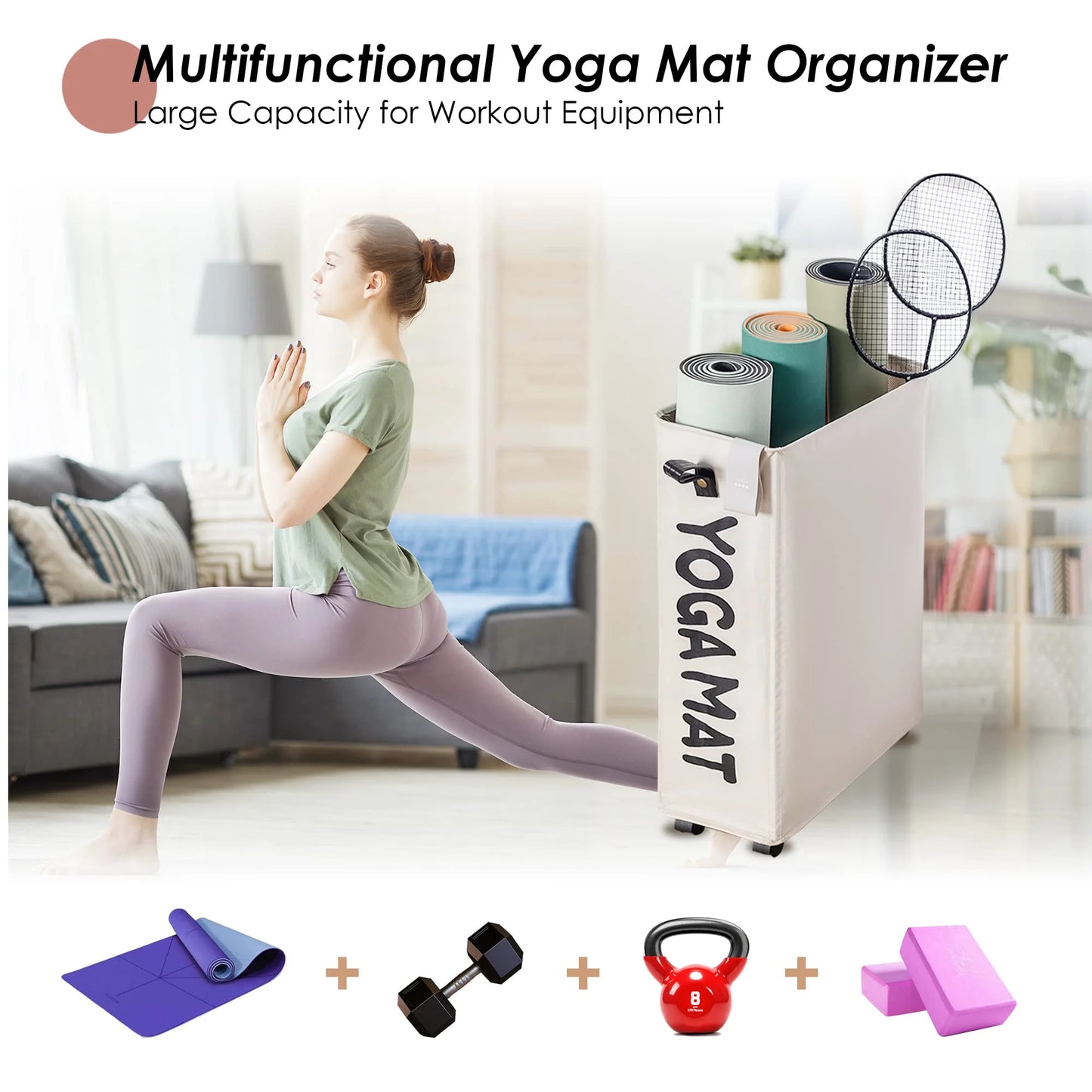 Yoga Mat Storage Rack, 22ββ Large Yoga Mat Holder with Wheels, White
