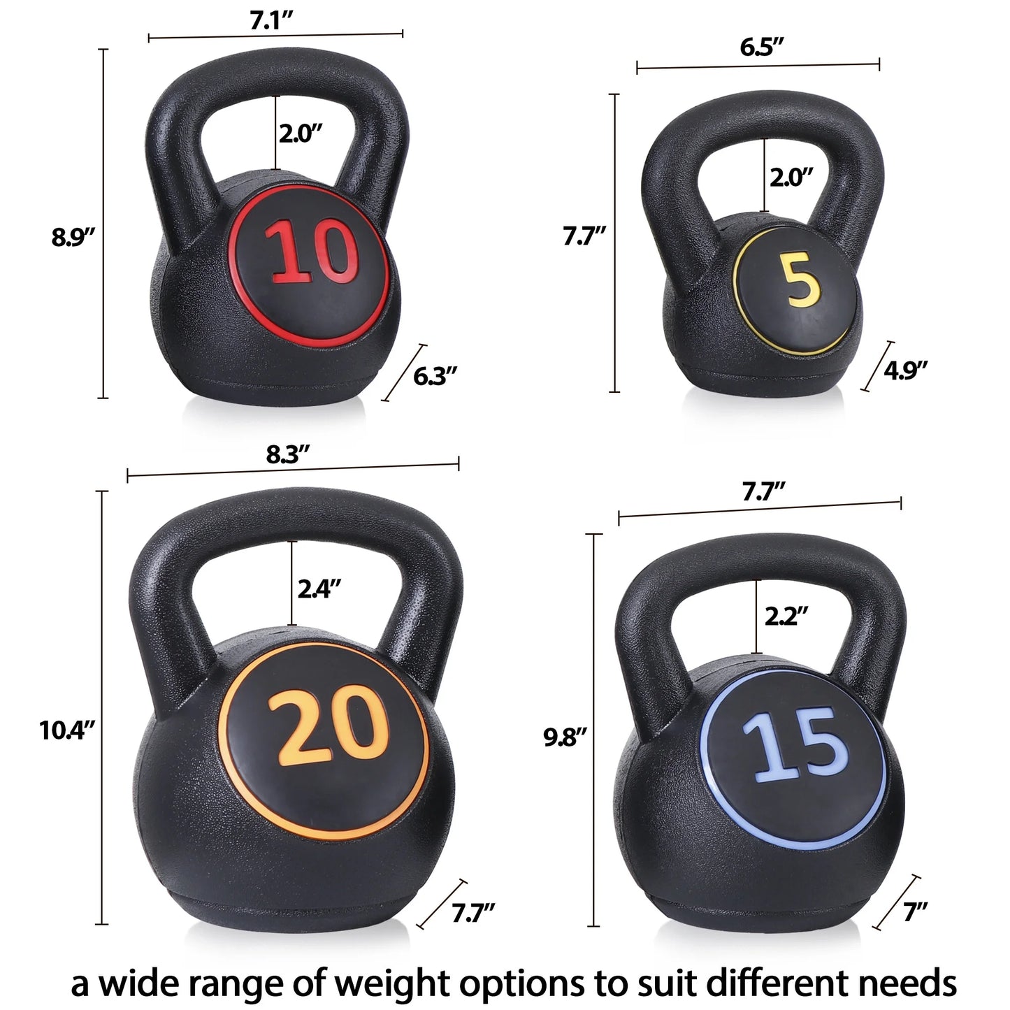 4 Piece Kettlebell Set - 5Lb 10Lb 15Lb 20Lb Workout Fitness Weight Set Wide Grap