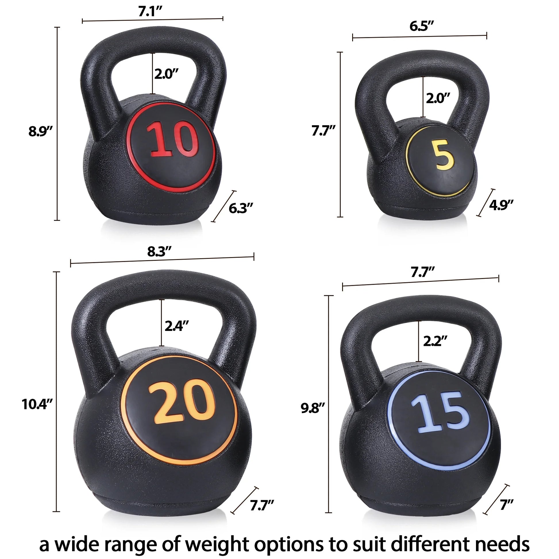 4 Piece Kettlebell Set - 5Lb 10Lb 15Lb 20Lb Workout Fitness Weight Set Wide Grap