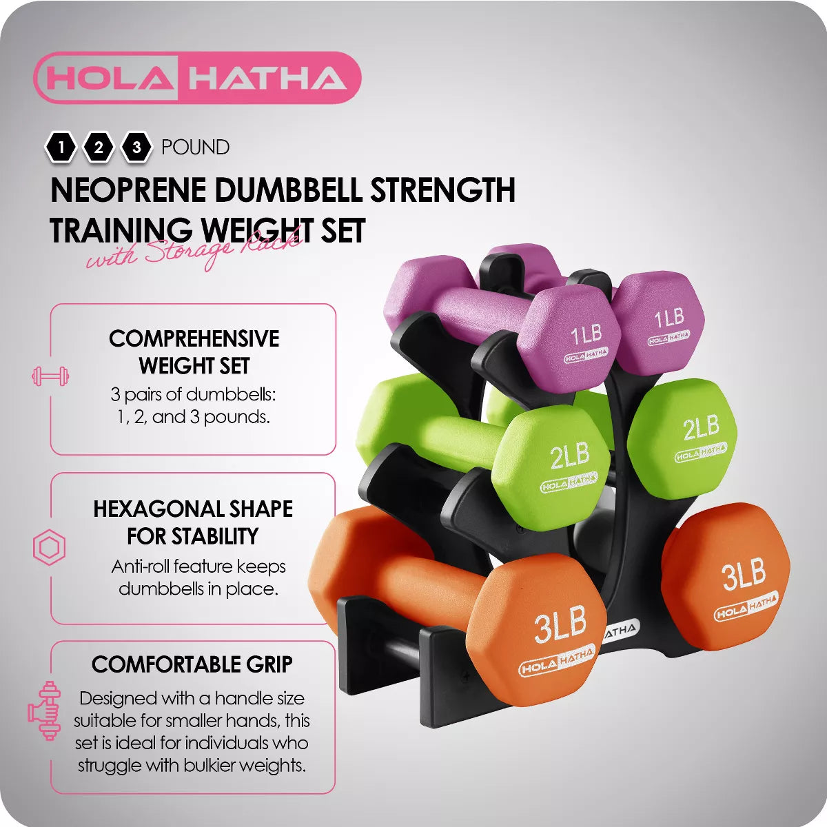 Holahatha 1, 2, and 3 Pound Neoprene Dumbbell Weight Set