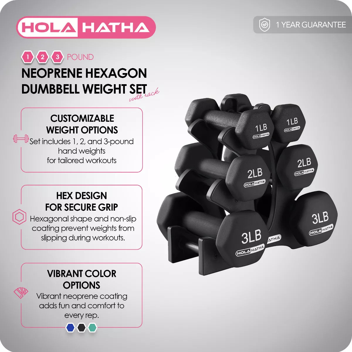 Holahatha 1, 2, and 3 Pound Neoprene Dumbbell Weight Set