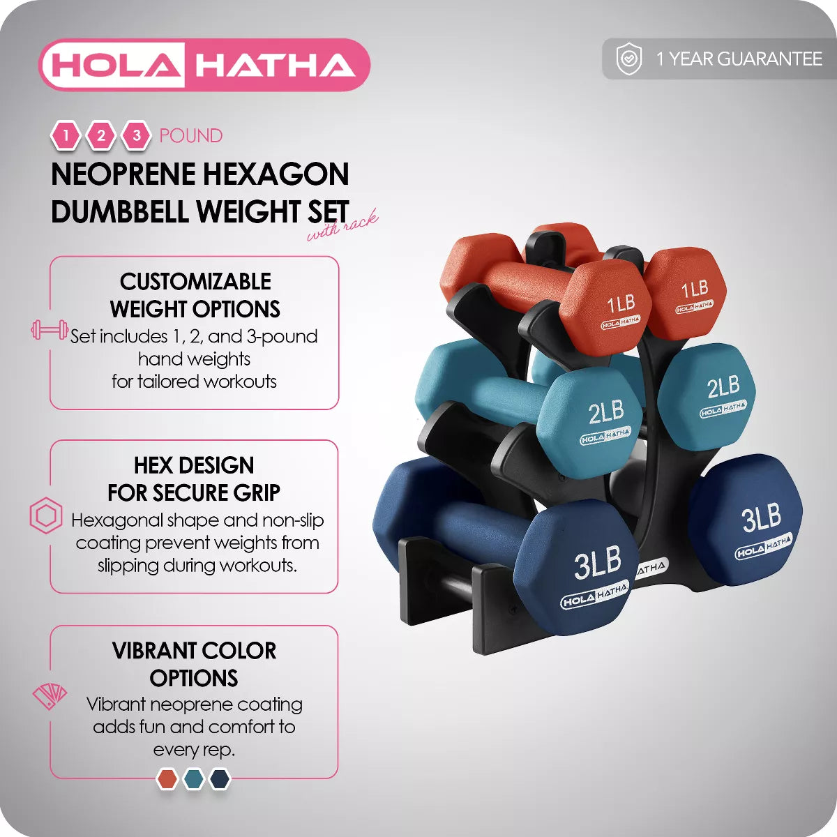 Holahatha 1, 2, and 3 Pound Neoprene Dumbbell Weight Set