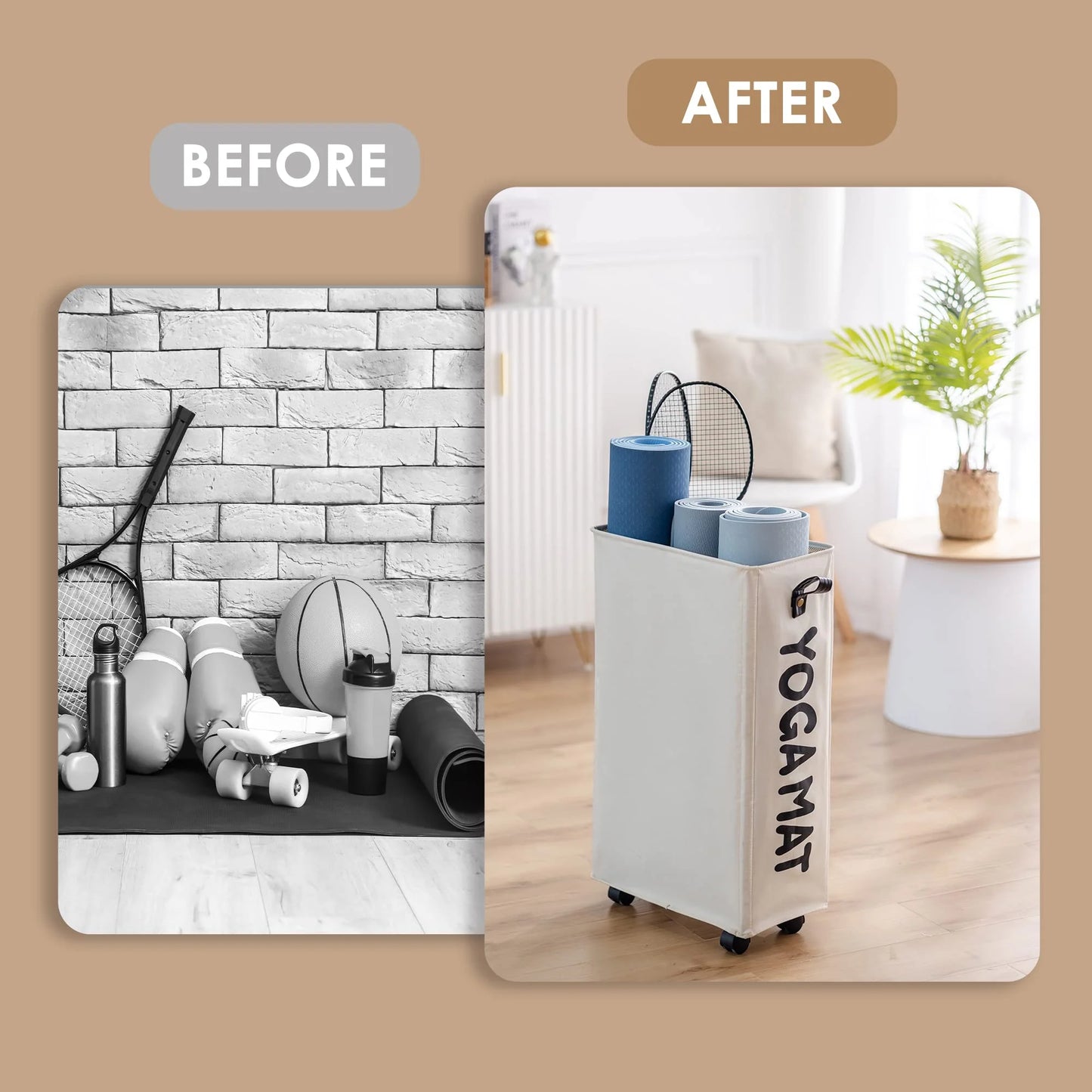 Yoga Mat Storage Rack, 22’’ Large Yoga Mat Holder with Wheels, White