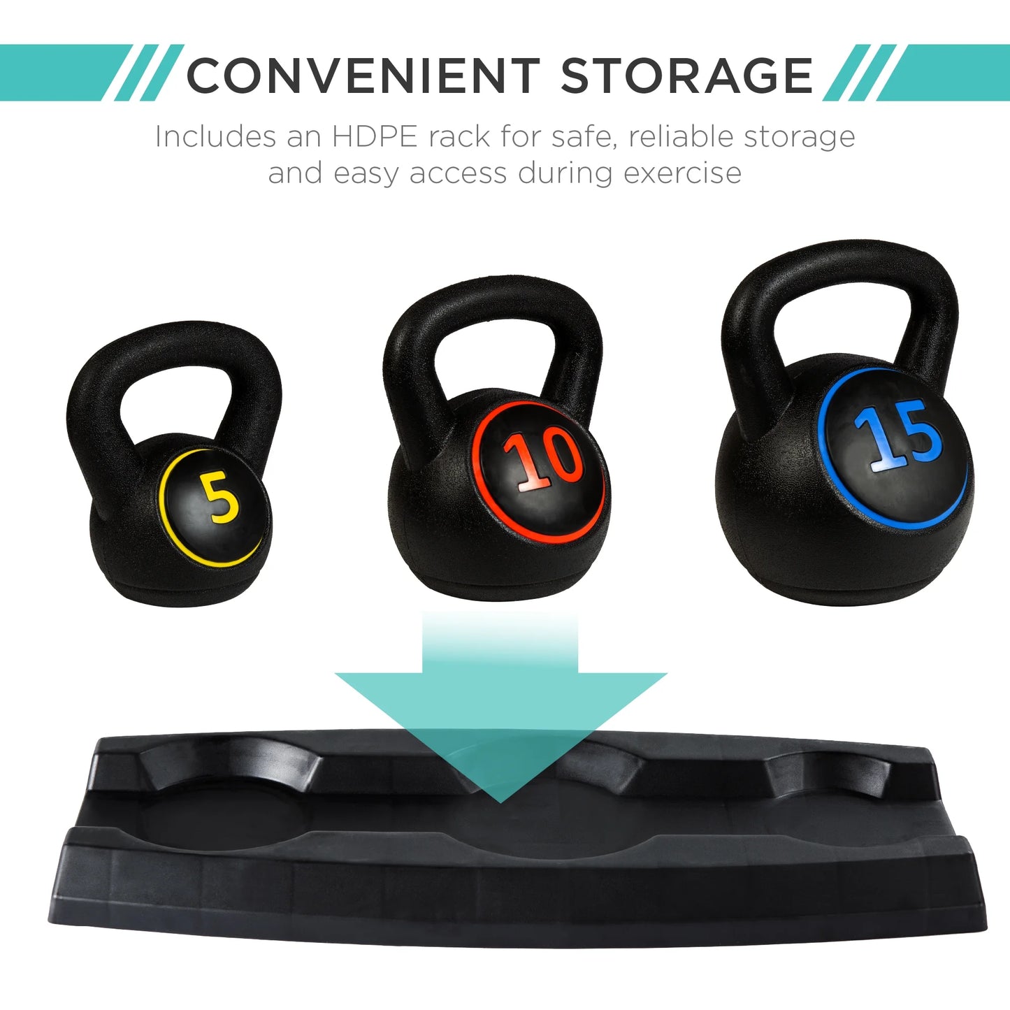 3-Piece Kettlebell Set with Storage Rack, Exercise Fitness Concrete Weights 5Lb, 10Lb, 15Lb