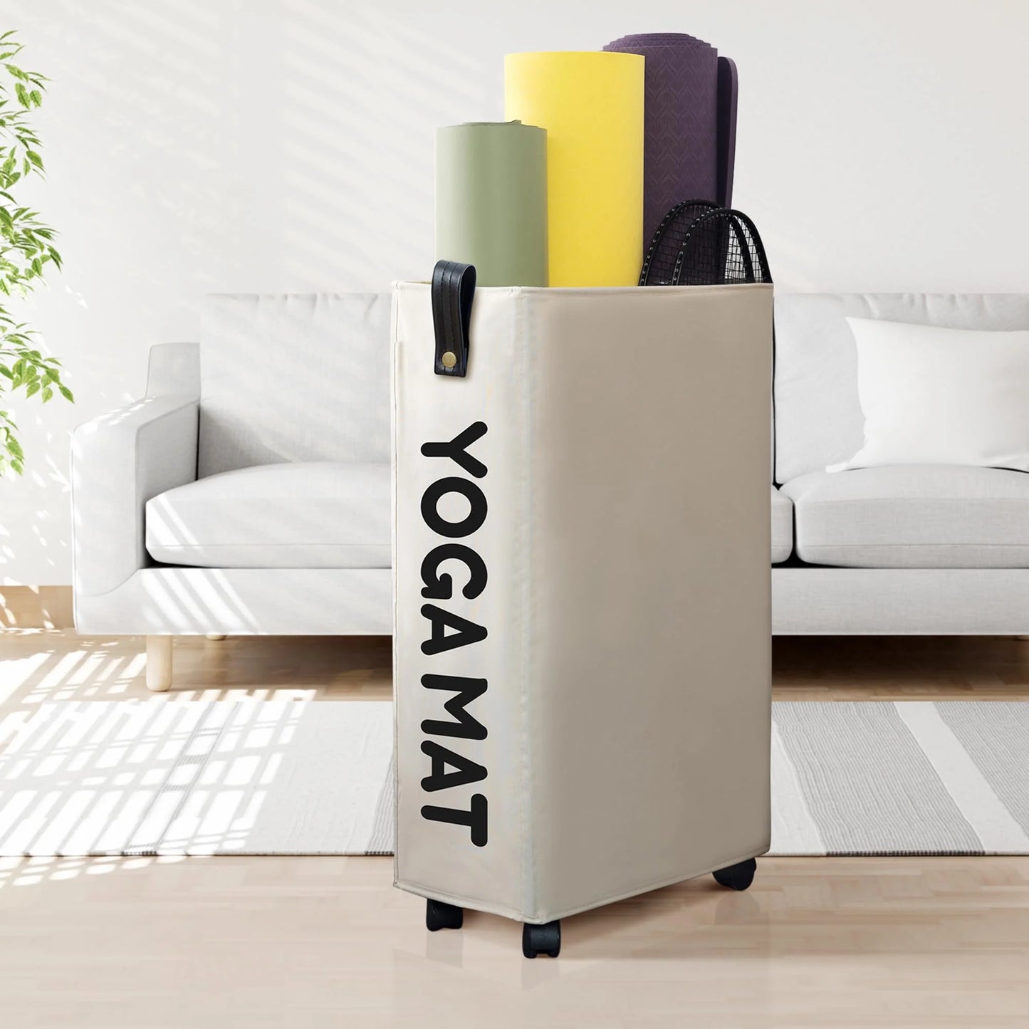 Yoga Mat Storage Rack, 22’’ Large Yoga Mat Holder with Wheels, White